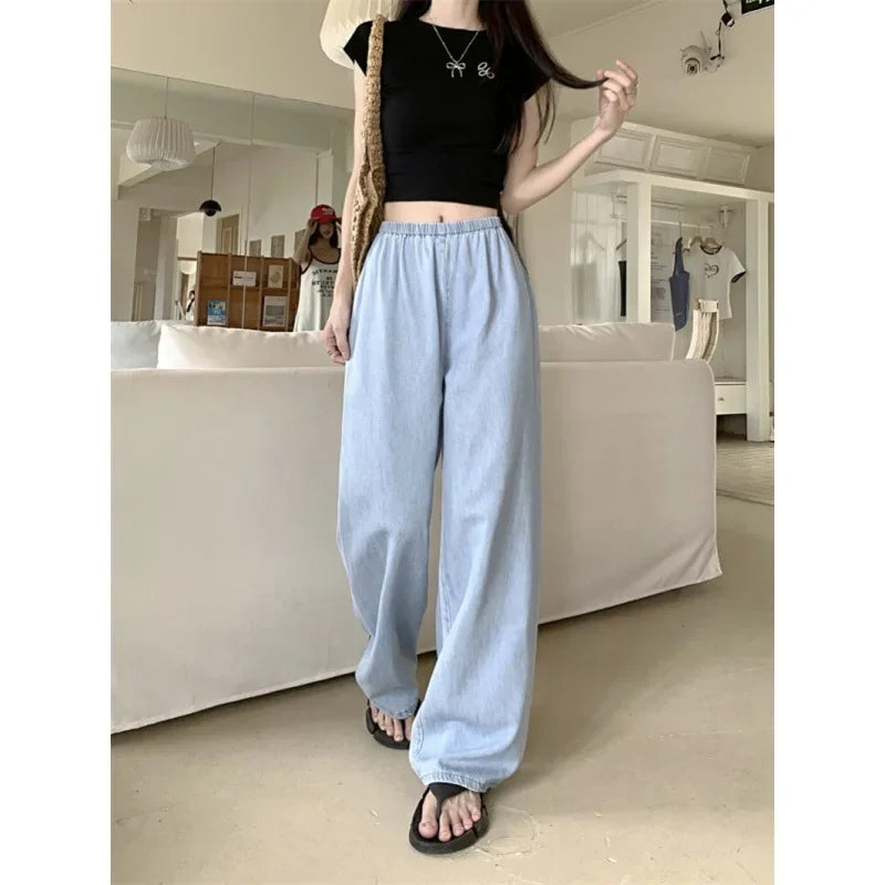 High Waist Wide Leg Thin Ice Silk Jeans Women Summer Loose Fit Large Size Straight Cut Floor Length Pants Korean Style