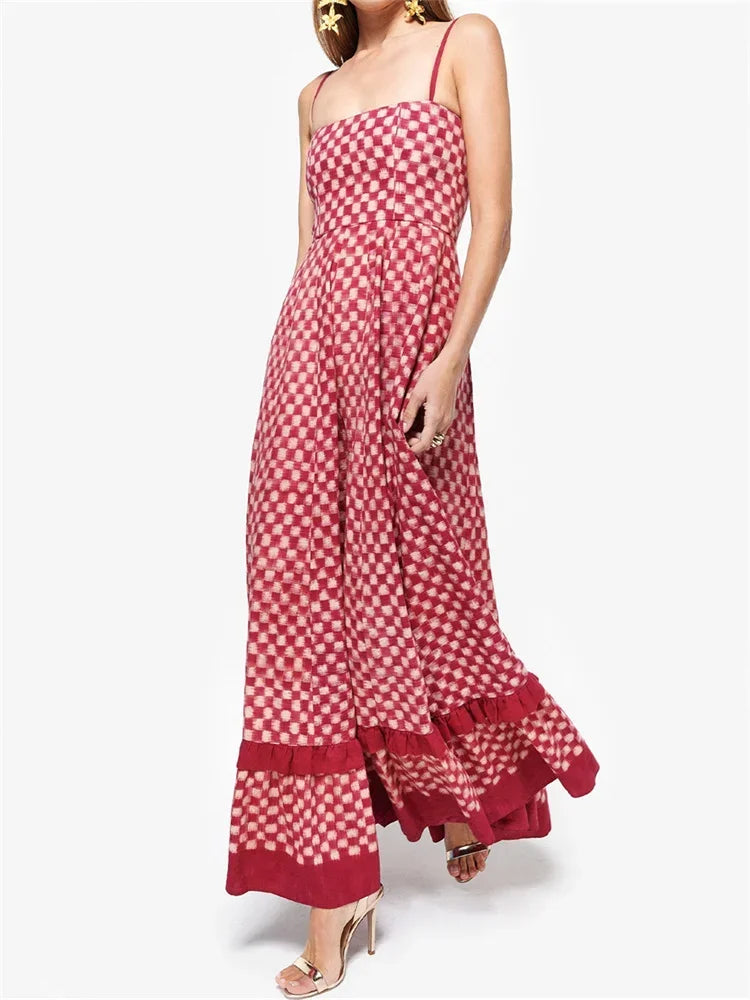 Women's Long Cami Dress Spaghetti Strap Checkerboard Print Loose Flowy Dress Summer Bohemian Holiday Party Elegant Dresses