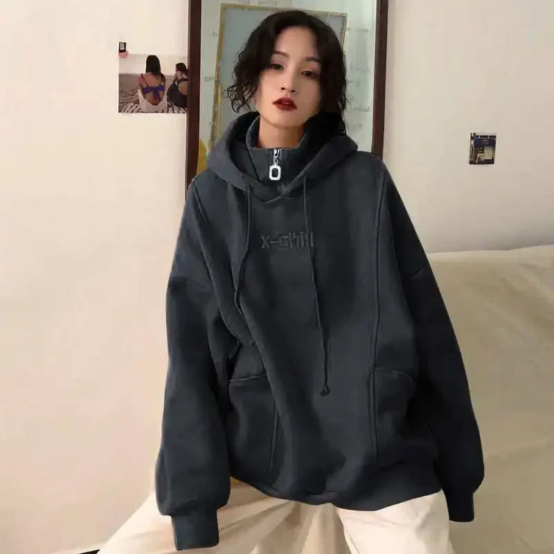 2024 Autumn Thick Warm Hooded Sweater Women Solid Color Loose Top Outerwear Simple Style Pullover Hooded Sweater Women
