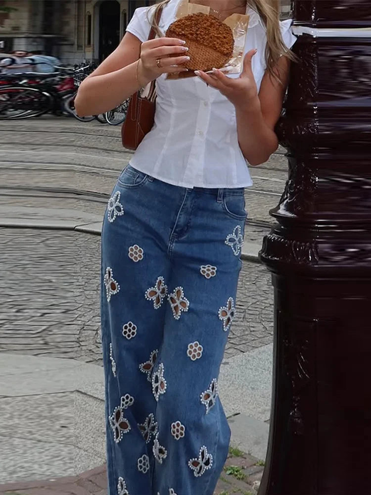 Casual Hollow Out Jeans Women Solid Straight Wide Leg Trousers Female 2025 Summer Autumn Fashion High Street Pants Lady Bottoms