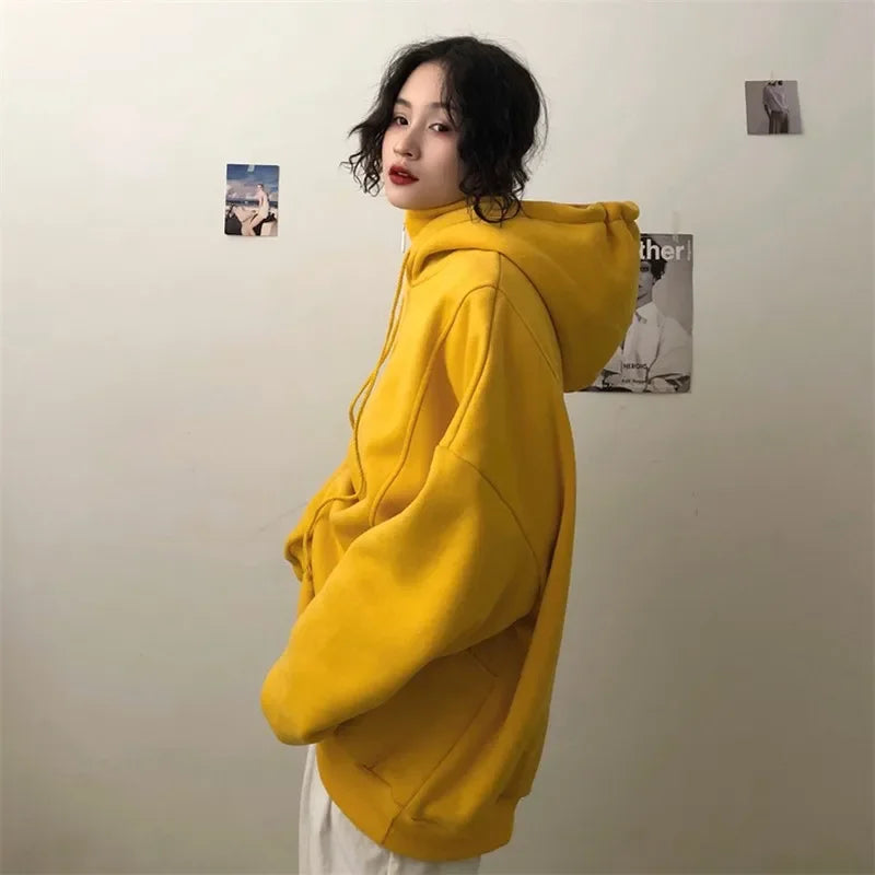 2024 Autumn Thick Warm Hooded Sweater Women Solid Color Loose Top Outerwear Simple Style Pullover Hooded Sweater Women