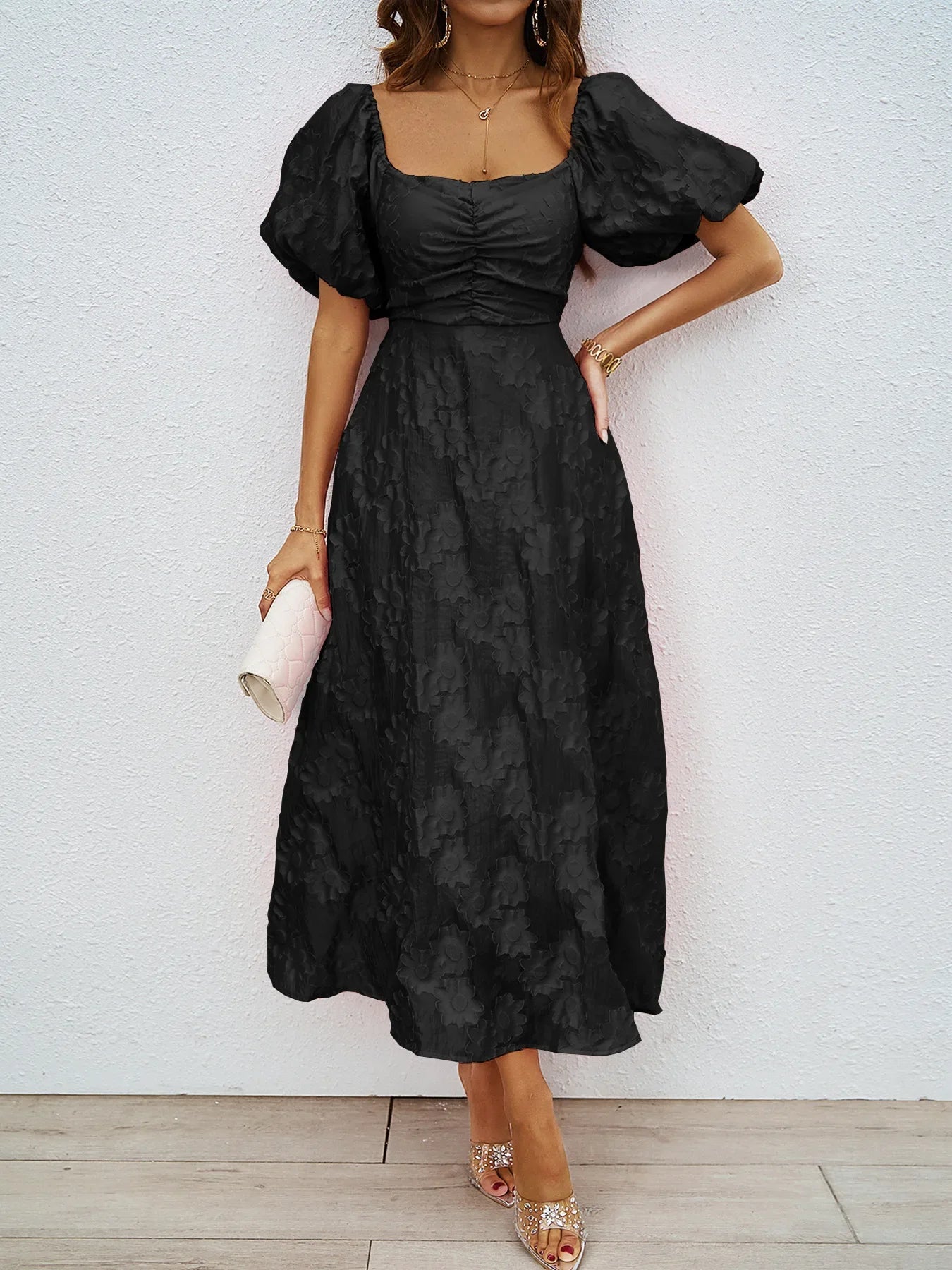 Women's Dress Summer New French Puffy Long Skirt with Bubble Sleeves and Waist Style Dress,jacquard,to Win Over,2025 New
