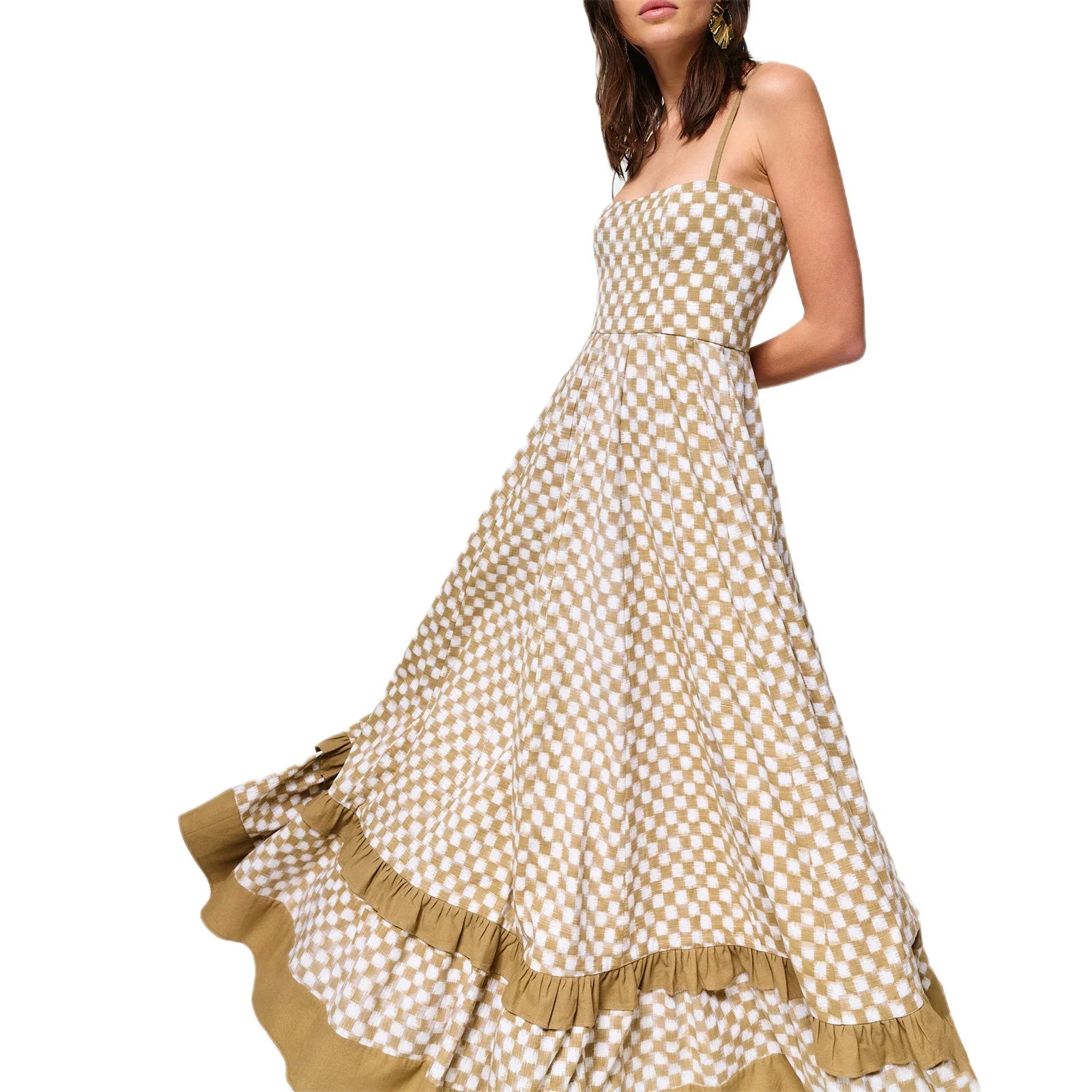 Women's Long Cami Dress Spaghetti Strap Checkerboard Print Loose Flowy Dress Summer Bohemian Holiday Party Elegant Dresses
