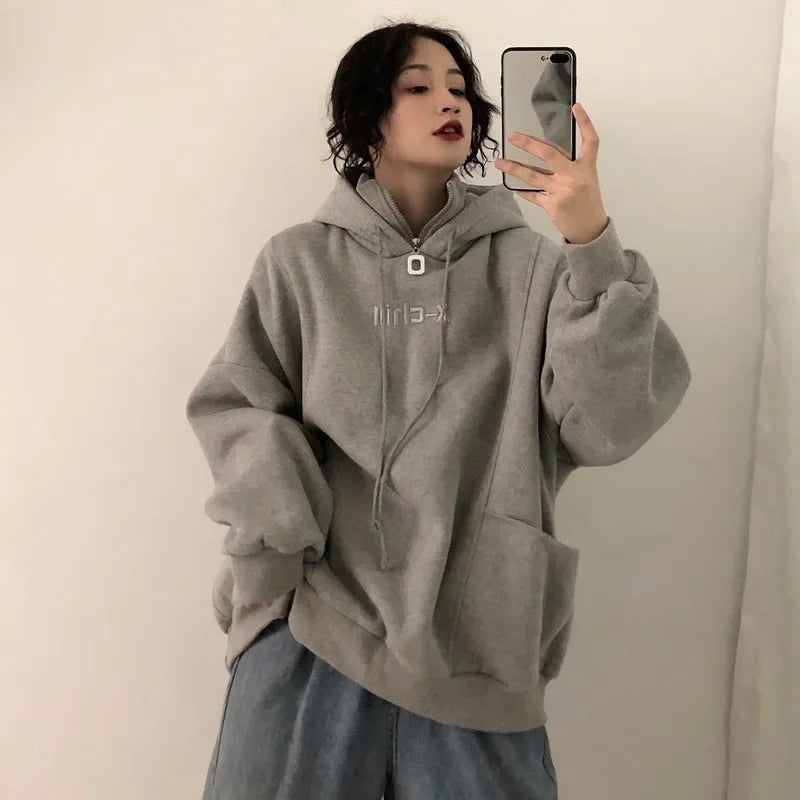 2024 Autumn Thick Warm Hooded Sweater Women Solid Color Loose Top Outerwear Simple Style Pullover Hooded Sweater Women