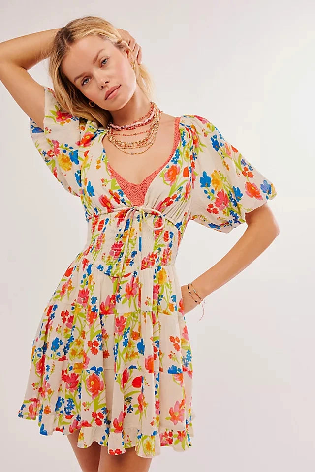 Women Mini Dress Floral Print Tie-Up Front Short Sleeve Dress Summer Casual A-line Dress