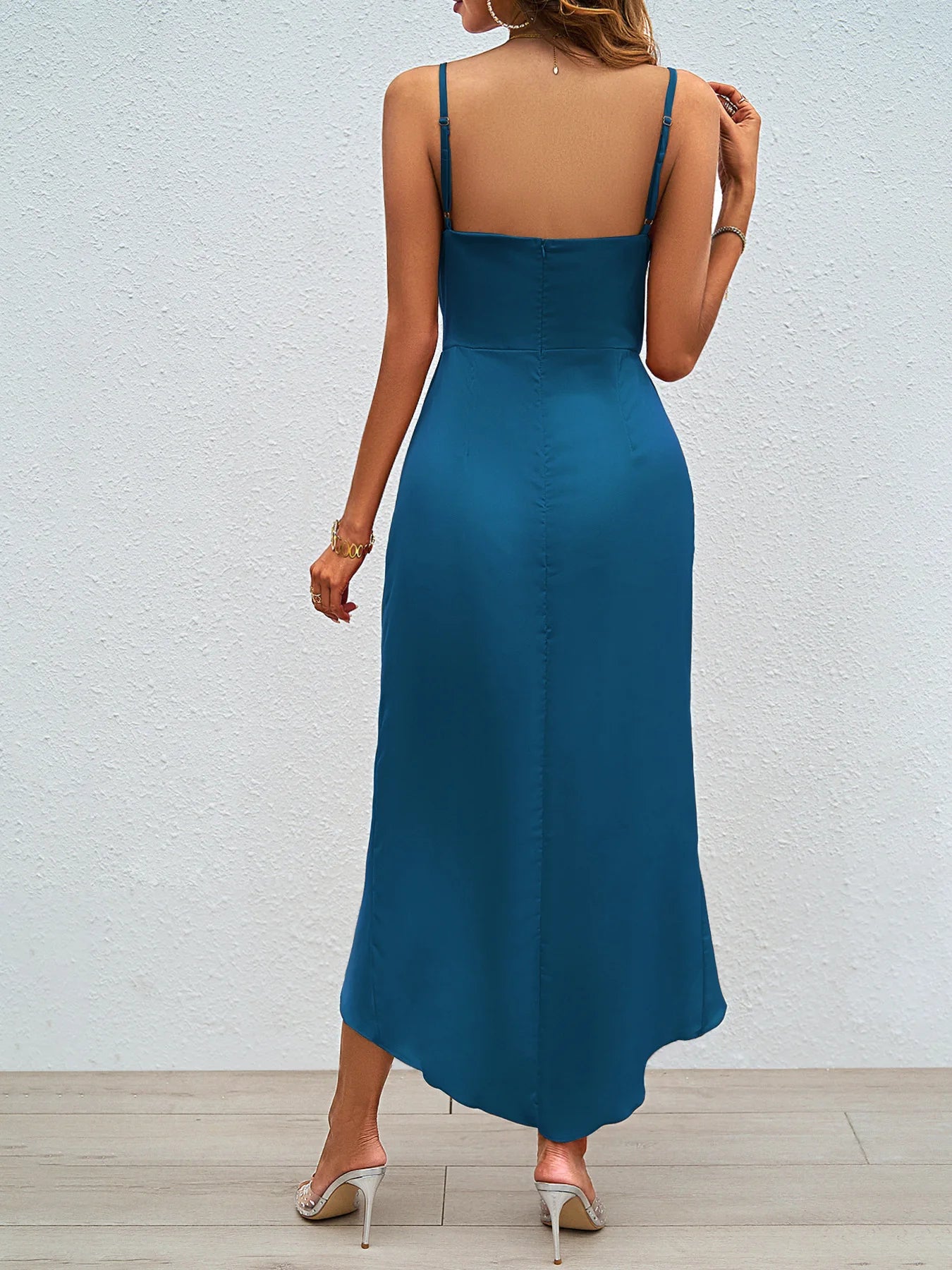 Women's Solid Color Suspenders Long Dress Sexy V-neck Backless Slim Waist Skirt 2024 Summer Beach Vacation Sling High Slit Dress