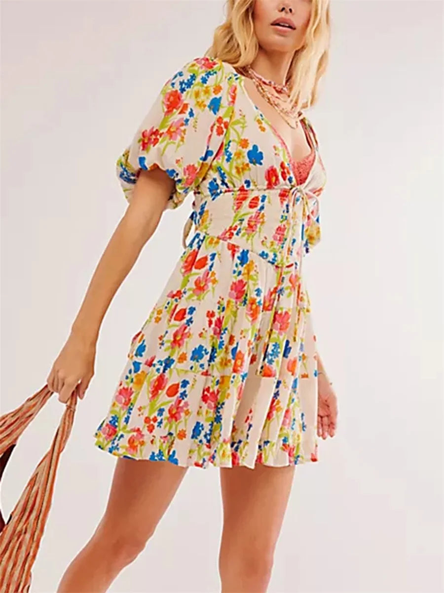 Women Mini Dress Floral Print Tie-Up Front Short Sleeve Dress Summer Casual A-line Dress