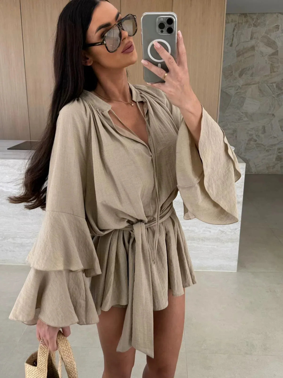 Sexy Deep V Lace Up Solid Color Women's Dress Spring Summer Ruffle Loose Mini Dress Casual Flare Sleeve Holiday Dresses Vestidos