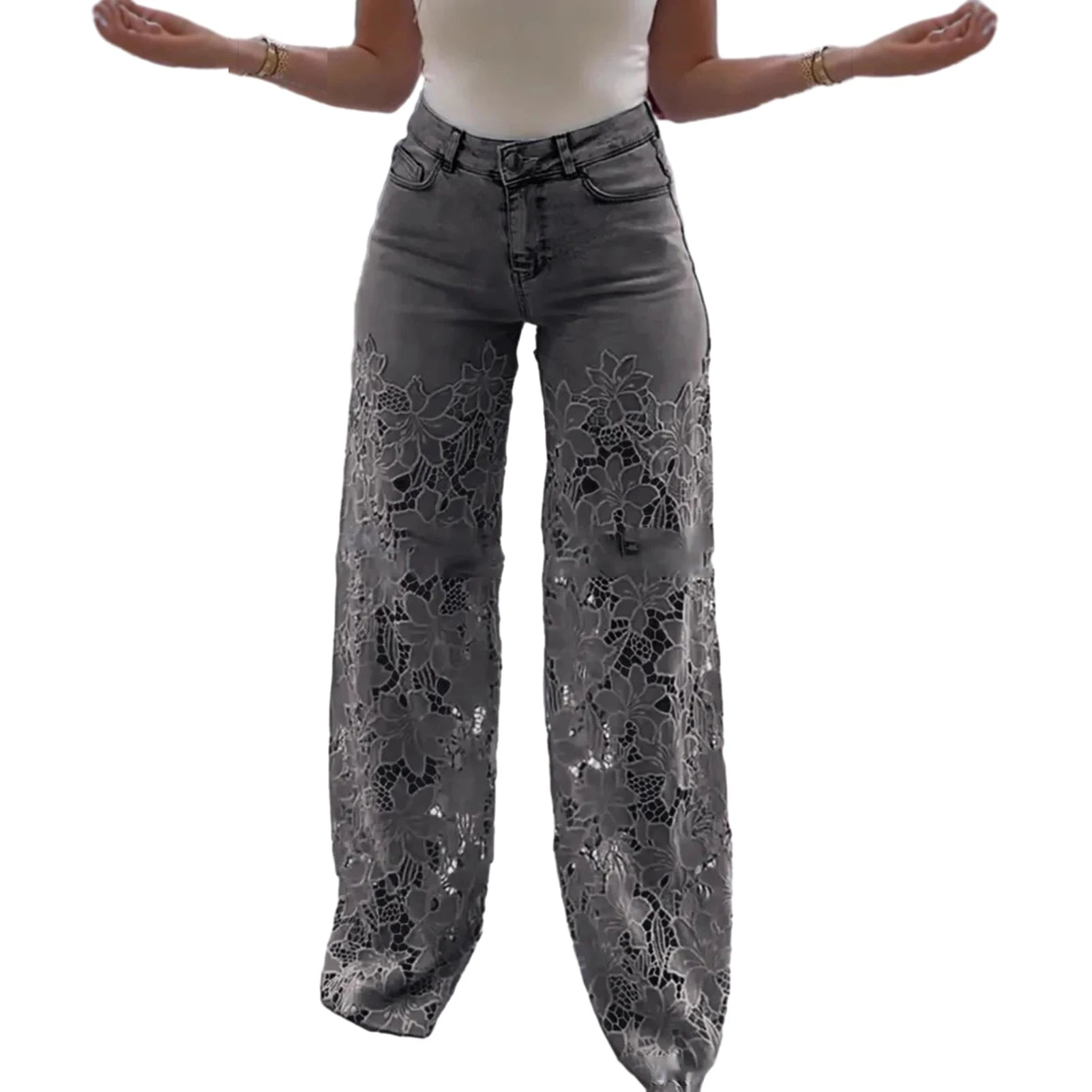 Y2k Hollow Out Flower Jean Women Pants Loose Zipper Pocket Button Straight Leg Trousers 2025 Summer Elagant Street Lady Outwear