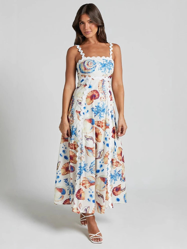 Printed Vacation Casual Maxi Dress European American Style New Dresses Halter Patchwork Dresses Floral Spliced Loose Fit Dress