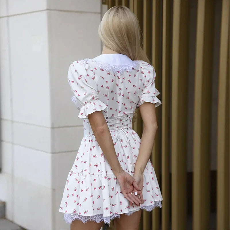 Fresh Summer New Women's Short Skirt Dress Lace Print Doll Collar Belted Mini Empire Waist Princess Sleeve China Origin