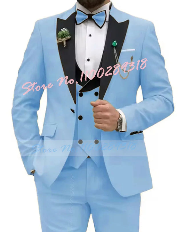 Beige Business Men Suits Costume Homme Slim Fit 3 Piece Double Breasted Suit Men Wedding Prom Party Business(Blazer+Vest+Pants)