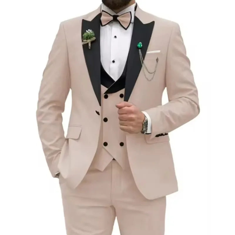 Beige Business Men Suits Costume Homme Slim Fit 3 Piece Double Breasted Suit Men Wedding Prom Party Business(Blazer+Vest+Pants)