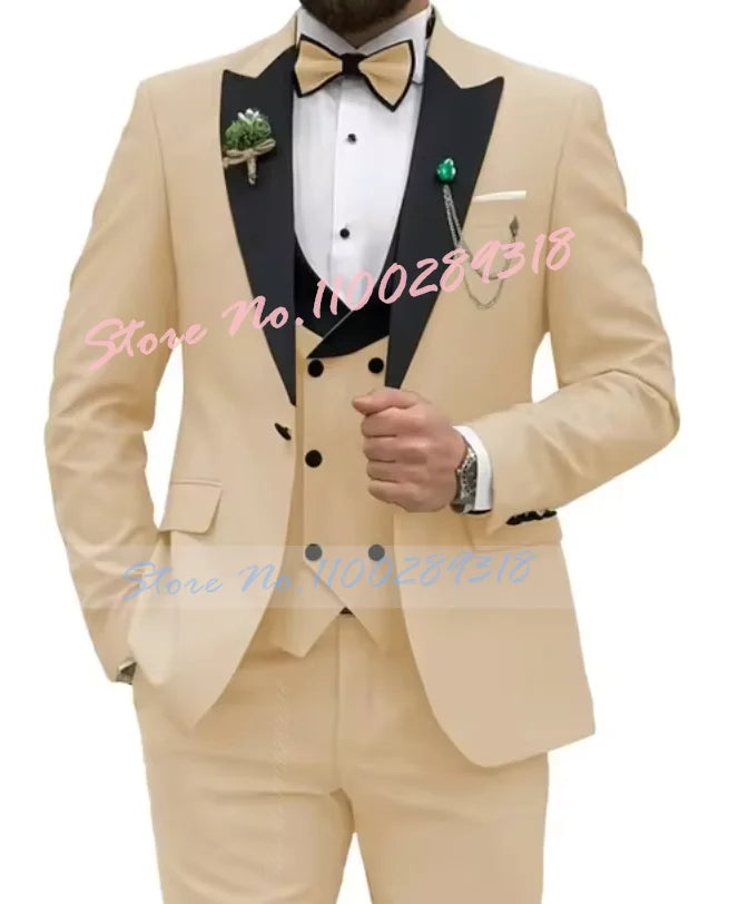Beige Business Men Suits Costume Homme Slim Fit 3 Piece Double Breasted Suit Men Wedding Prom Party Business(Blazer+Vest+Pants)