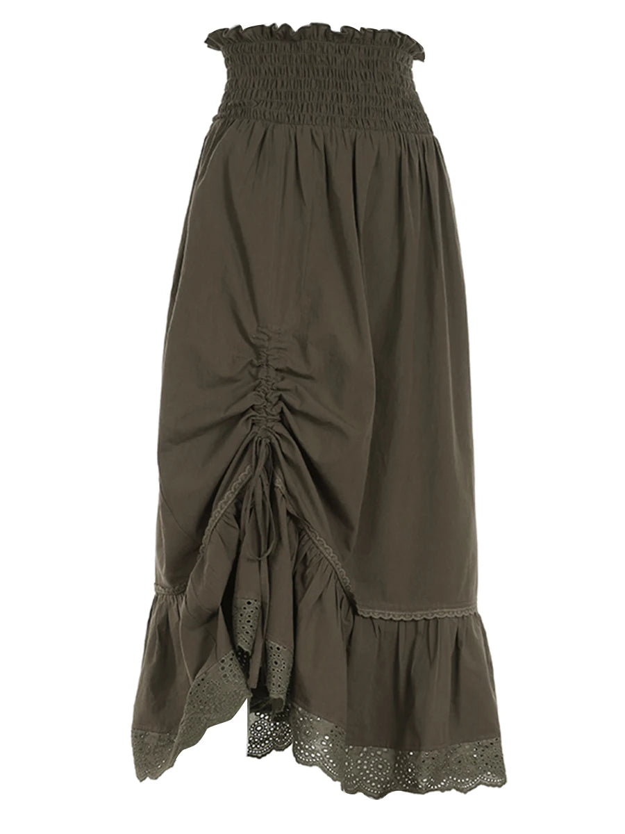 Women Long Skirt Vintage Elastic Waist Lace Patchwork Drawstring Summer Skirt Streetwear