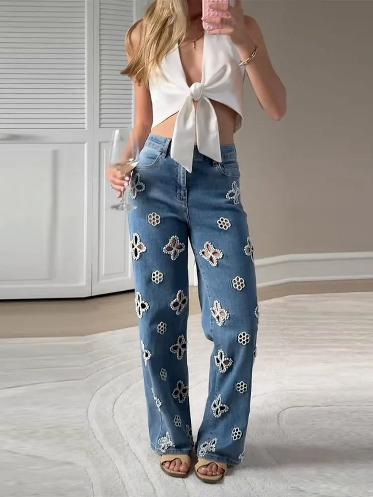 Casual Hollow Out Jeans Women Solid Straight Wide Leg Trousers Female 2025 Summer Autumn Fashion High Street Pants Lady Bottoms