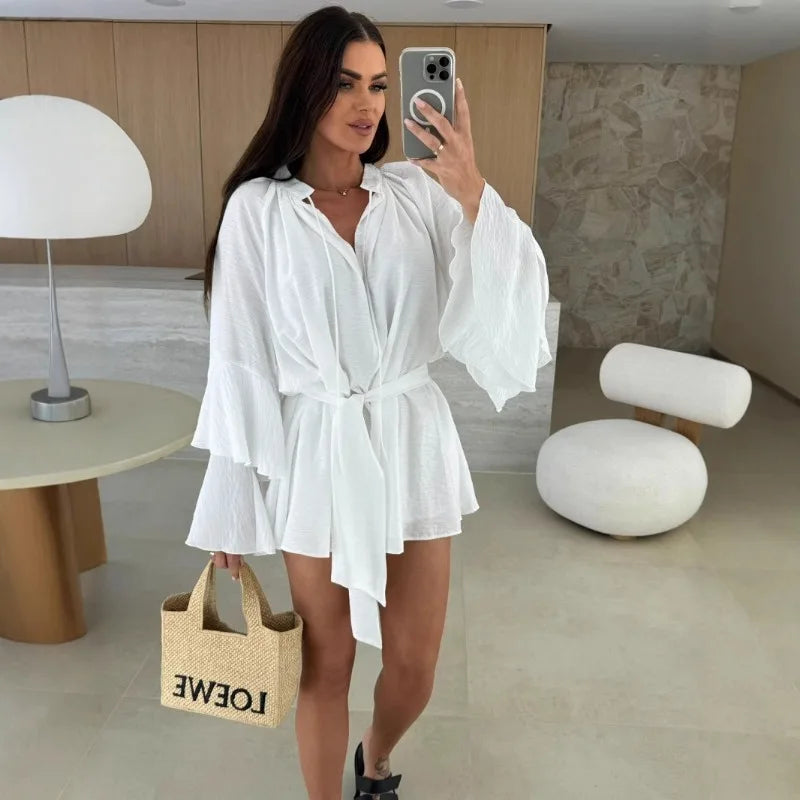 Sexy Deep V Lace Up Solid Color Women's Dress Spring Summer Ruffle Loose Mini Dress Casual Flare Sleeve Holiday Dresses Vestidos