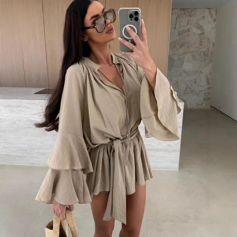 Sexy Deep V Lace Up Solid Color Women's Dress Spring Summer Ruffle Loose Mini Dress Casual Flare Sleeve Holiday Dresses Vestidos