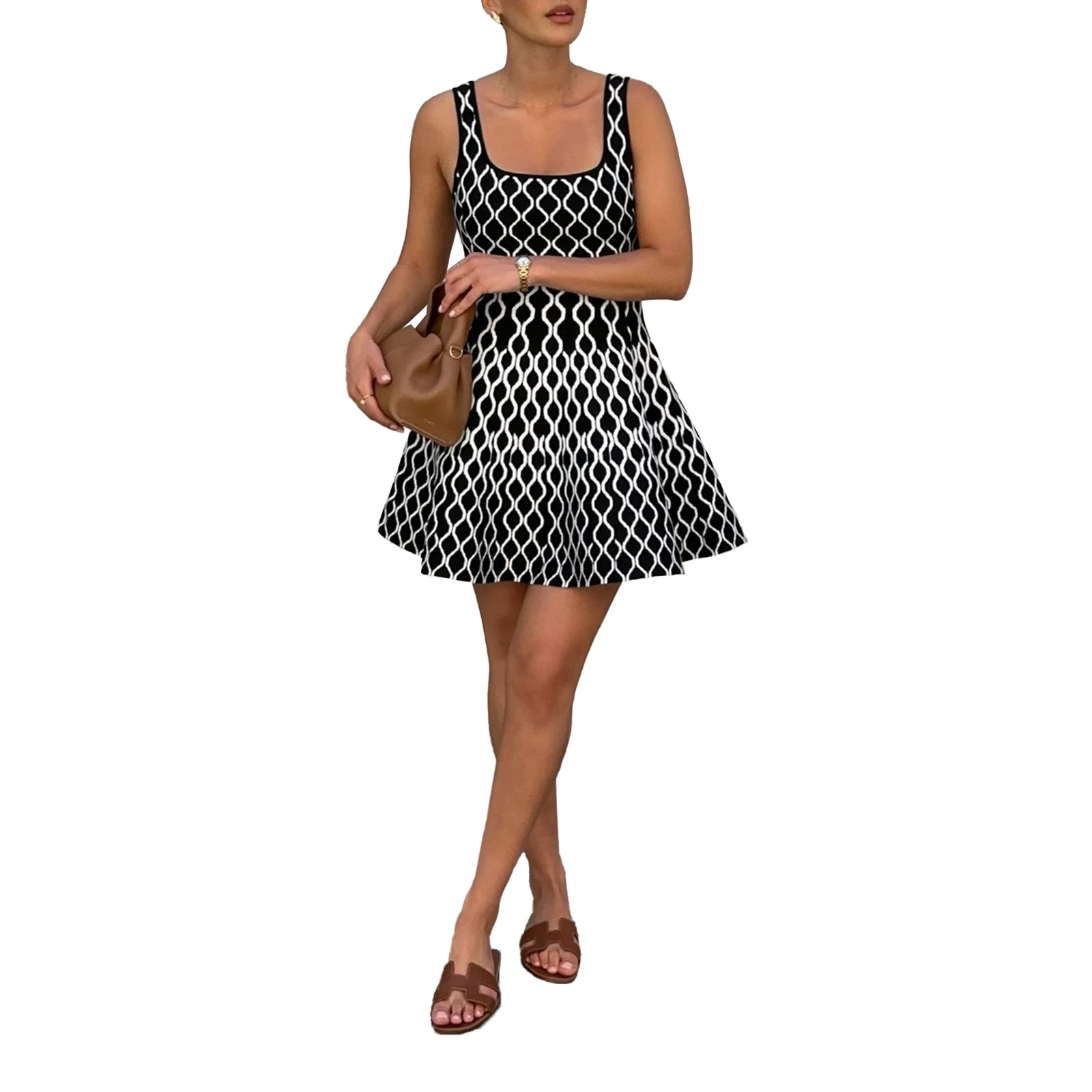 Women s Casual Sleeveless Mini Dress with U Neckline and Fun Pattern Print Perfect for Summer Parties and Events Featuring
