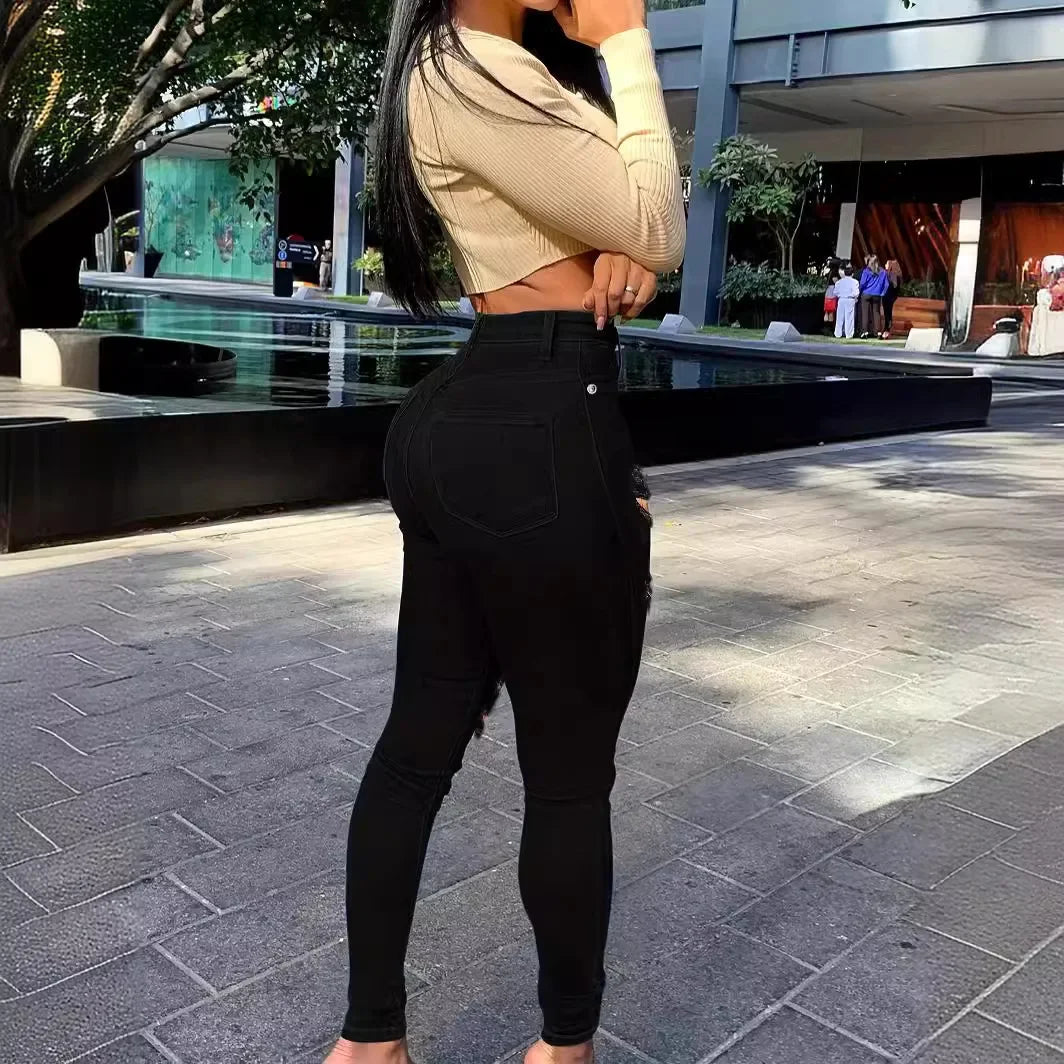 2024 New Style Women's Denim Holed Pants Black Jeans European And American Trend Cross-Border Amazon Style Slim Fit