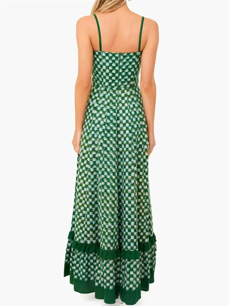 Women's Long Cami Dress Spaghetti Strap Checkerboard Print Loose Flowy Dress Summer Bohemian Holiday Party Elegant Dresses