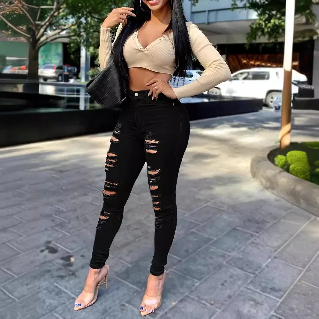 2024 New Style Women's Denim Holed Pants Black Jeans European And American Trend Cross-Border Amazon Style Slim Fit