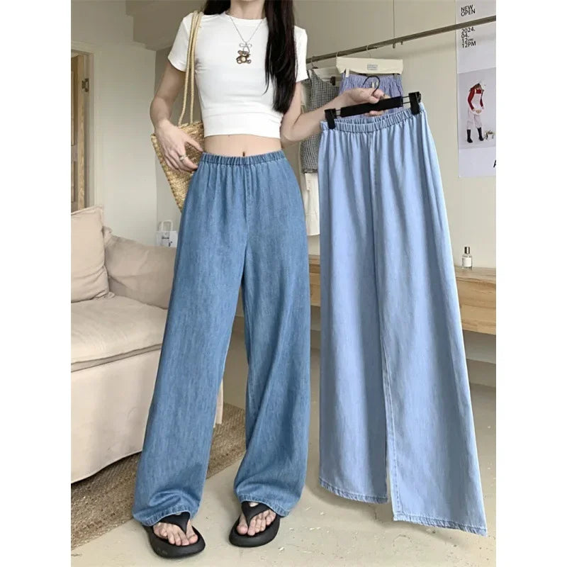 High Waist Wide Leg Thin Ice Silk Jeans Women Summer Loose Fit Large Size Straight Cut Floor Length Pants Korean Style
