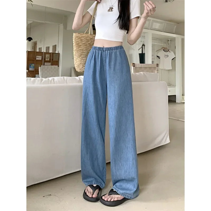 High Waist Wide Leg Thin Ice Silk Jeans Women Summer Loose Fit Large Size Straight Cut Floor Length Pants Korean Style