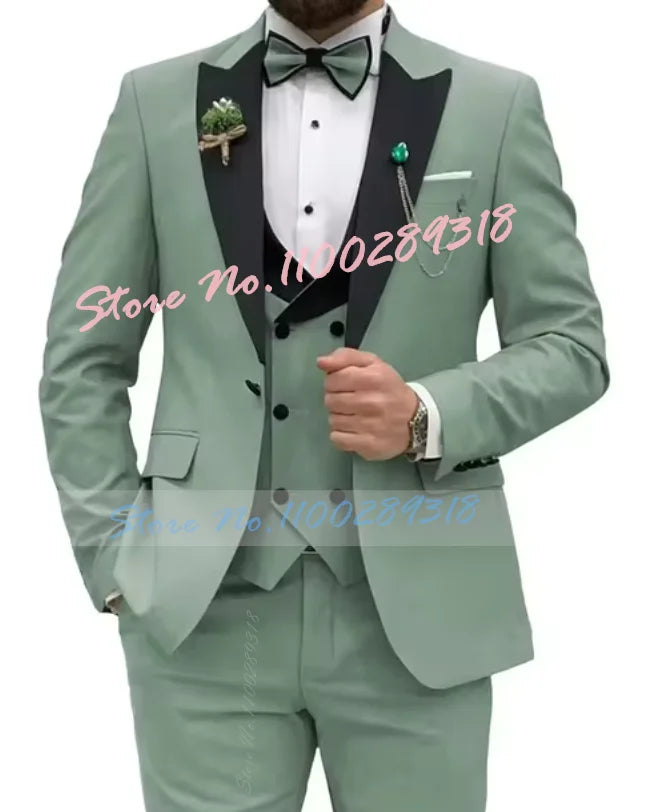 Beige Business Men Suits Costume Homme Slim Fit 3 Piece Double Breasted Suit Men Wedding Prom Party Business(Blazer+Vest+Pants)