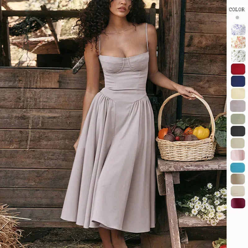 Summer Long Dresses for Women French Retro Spaghetti Straps Dress Corset Slim Sexy Elegant Classy Flower Print Backless Dresses