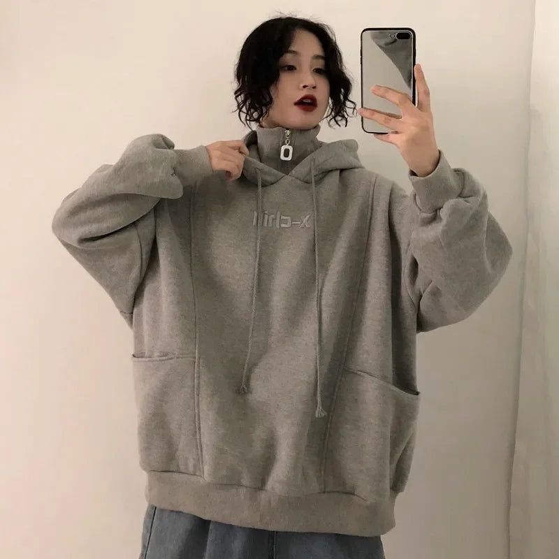2024 Autumn Thick Warm Hooded Sweater Women Solid Color Loose Top Outerwear Simple Style Pullover Hooded Sweater Women