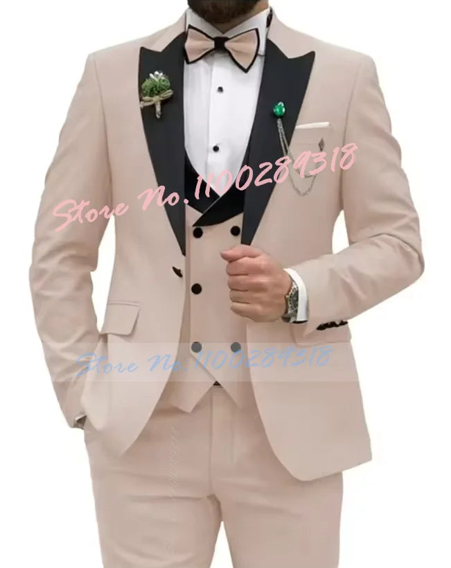 Beige Business Men Suits Costume Homme Slim Fit 3 Piece Double Breasted Suit Men Wedding Prom Party Business(Blazer+Vest+Pants)