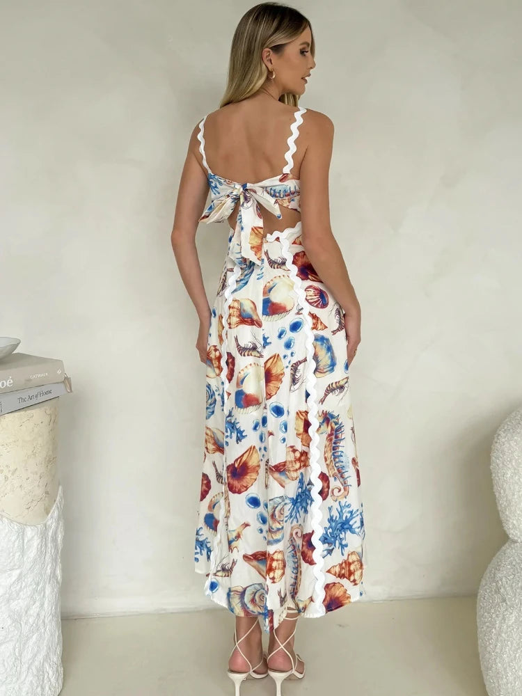 Printed Vacation Casual Maxi Dress European American Style New Dresses Halter Patchwork Dresses Floral Spliced Loose Fit Dress