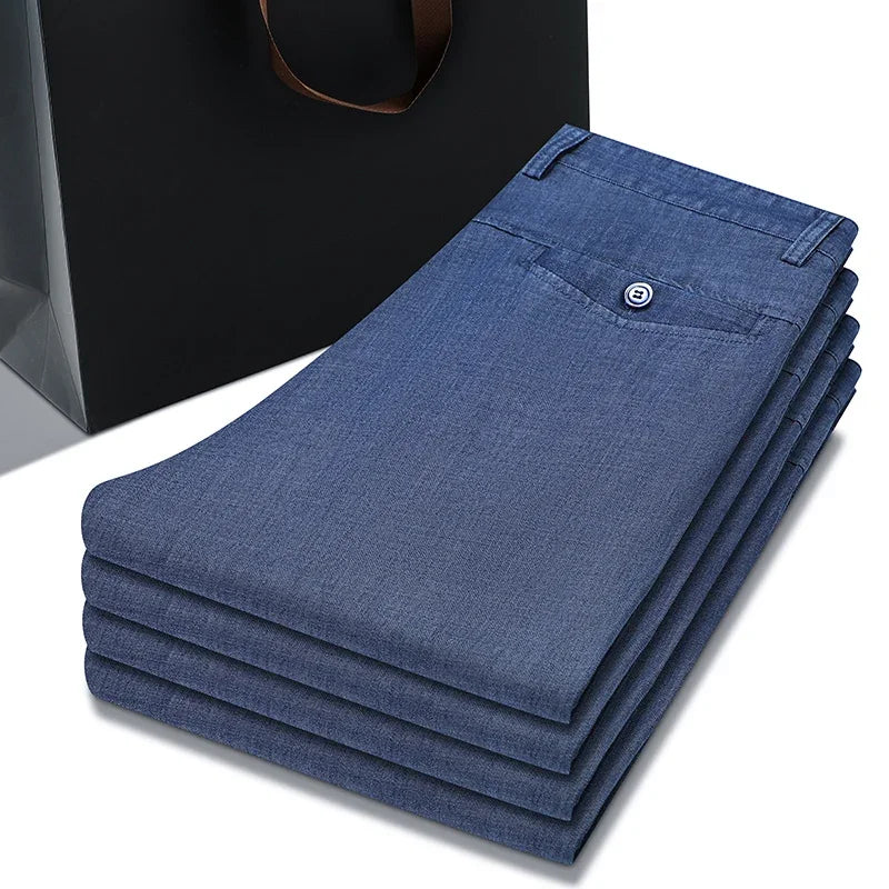 2025 Spring Summer New Men's Thin Light Blue Loose Jeans Business Fashion Lyocell Fabric Stretch Denim Trousers Male Brand Pants