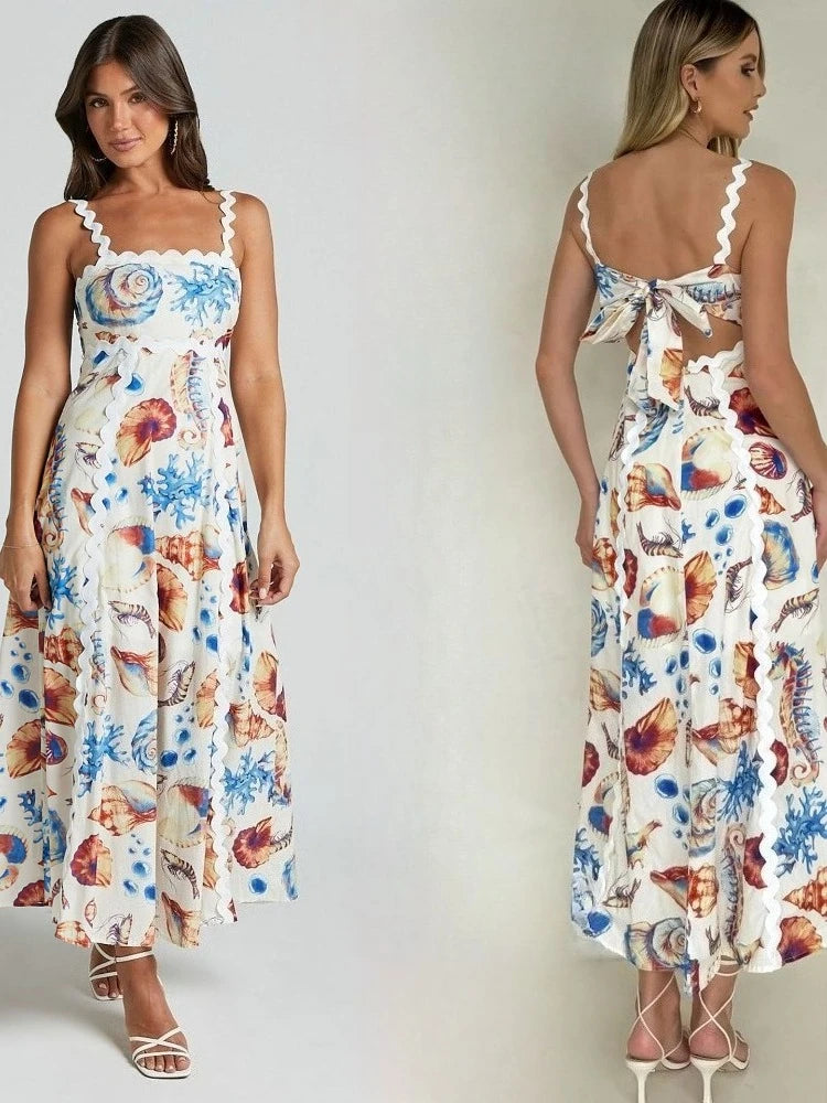 Printed Vacation Casual Maxi Dress European American Style New Dresses Halter Patchwork Dresses Floral Spliced Loose Fit Dress