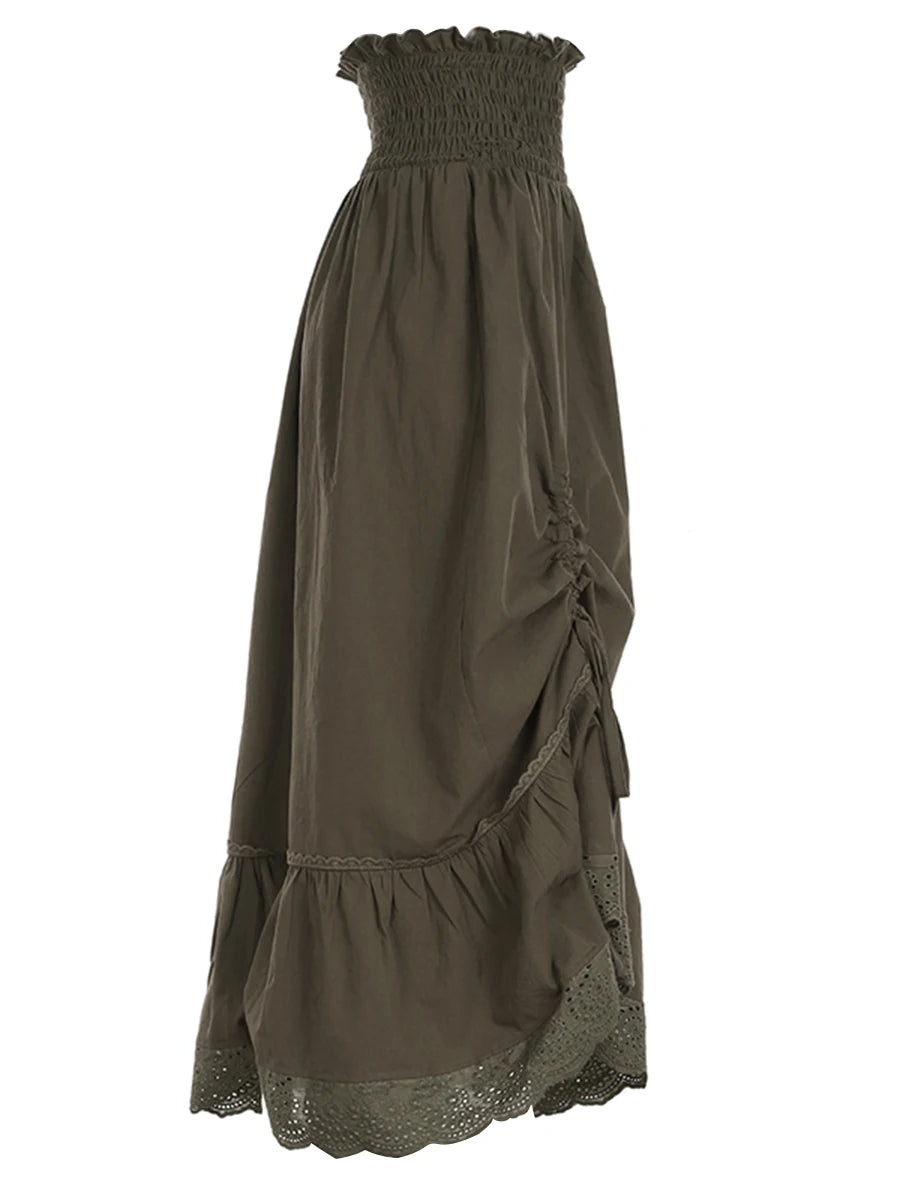 Women Long Skirt Vintage Elastic Waist Lace Patchwork Drawstring Summer Skirt Streetwear