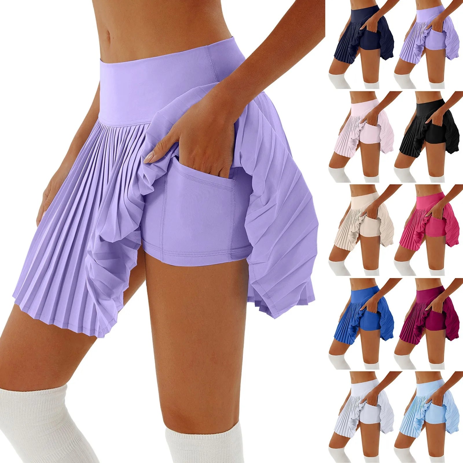 Women's Sports Tennis Skirts High Waist Tights Yoga Tennis Shorts Dress with Pockets Solid Pleated Quick Dry Workout Skirt