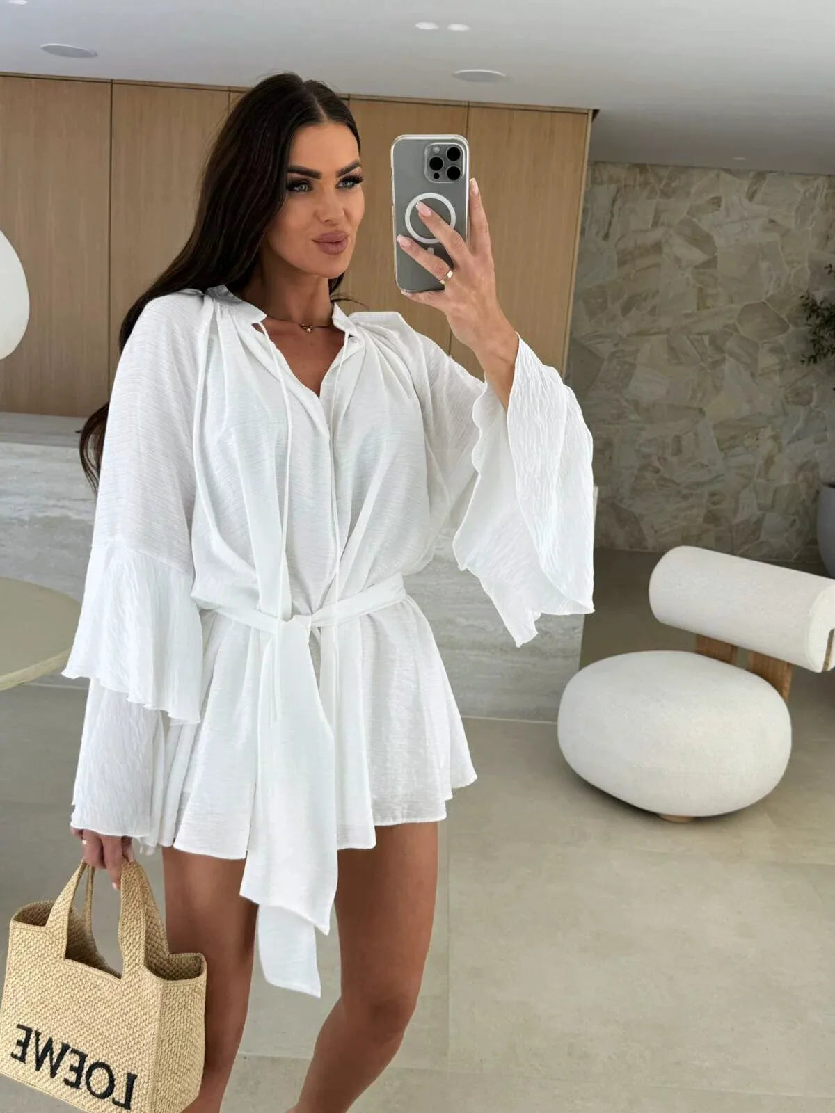Sexy Deep V Lace Up Solid Color Women's Dress Spring Summer Ruffle Loose Mini Dress Casual Flare Sleeve Holiday Dresses Vestidos
