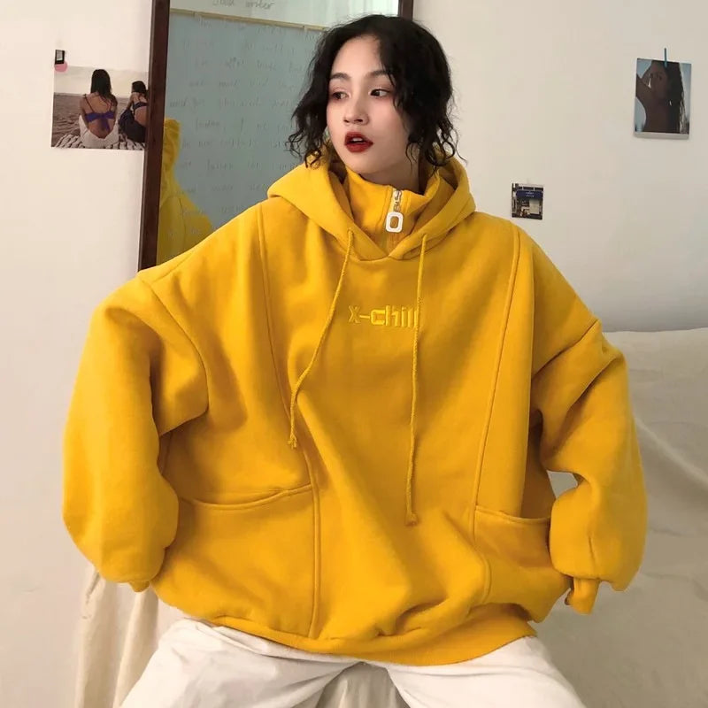 2024 Autumn Thick Warm Hooded Sweater Women Solid Color Loose Top Outerwear Simple Style Pullover Hooded Sweater Women