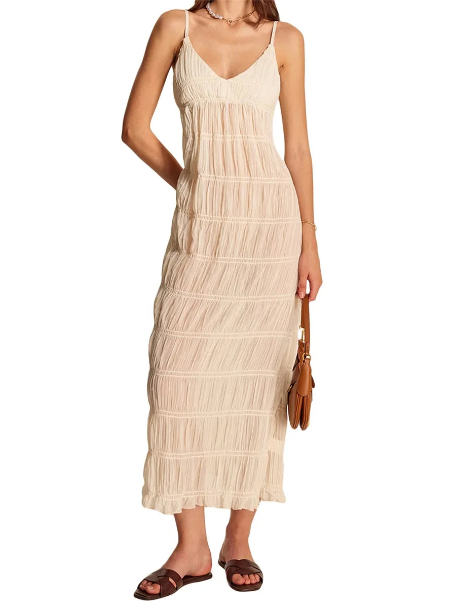 Elegant Floral Print Maxi Dress with Ruffle Hem and Adjustable Spaghetti Straps for Women s Summer Beach Party