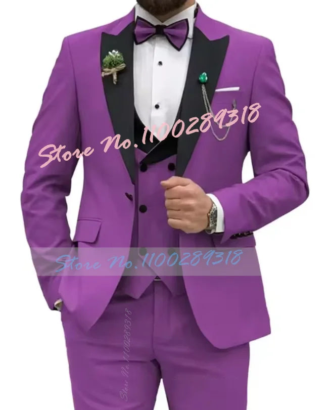 Beige Business Men Suits Costume Homme Slim Fit 3 Piece Double Breasted Suit Men Wedding Prom Party Business(Blazer+Vest+Pants)