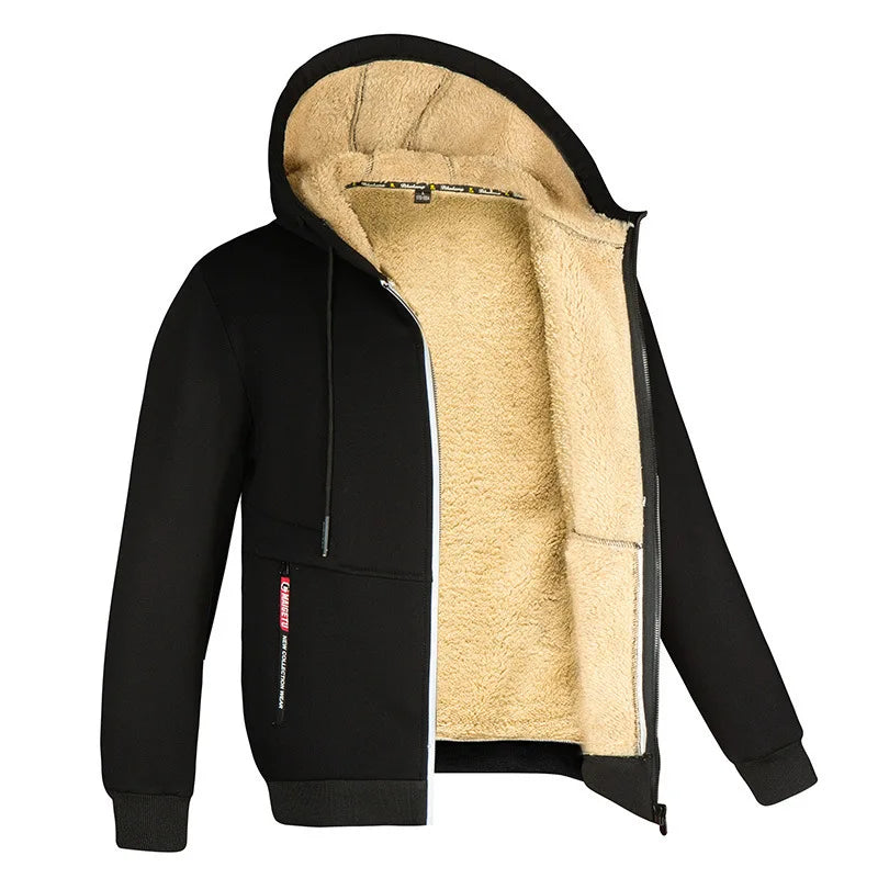 Trendy Sweatshirt Coat Front Pockets Warm Zipper Lamb Wool Jacket Men and Woman Winter Pure Color Plush Lined Cardigan Hoodie