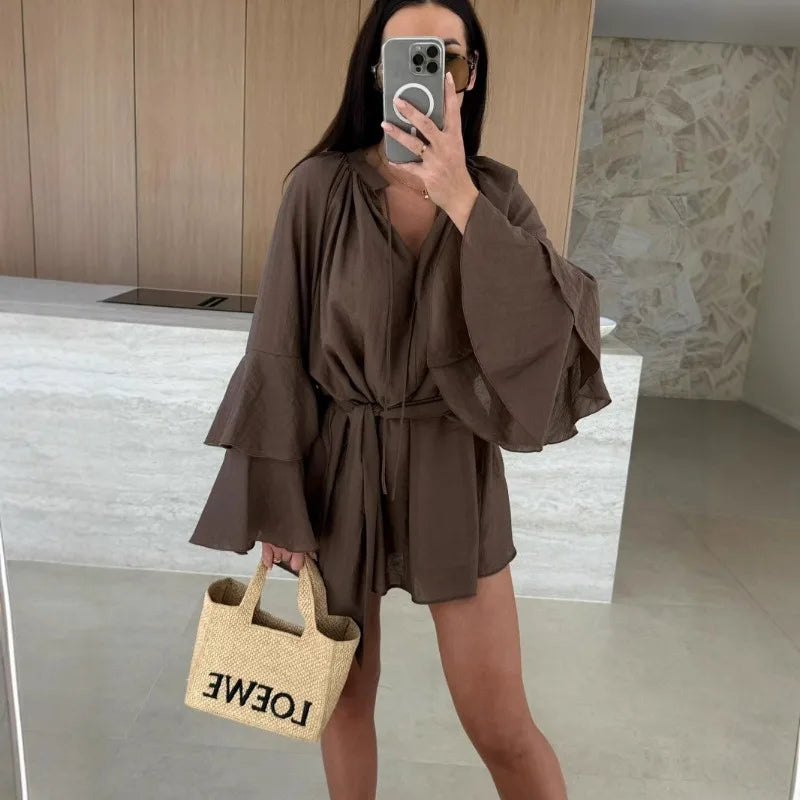 Sexy Deep V Lace Up Solid Color Women's Dress Spring Summer Ruffle Loose Mini Dress Casual Flare Sleeve Holiday Dresses Vestidos