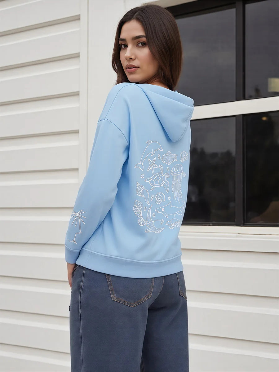 Women s Ocean-Inspired Hoodies with Sea Creature Print Long Sleeve Oversized Sweatshirts for Casual Streetwear Fashion