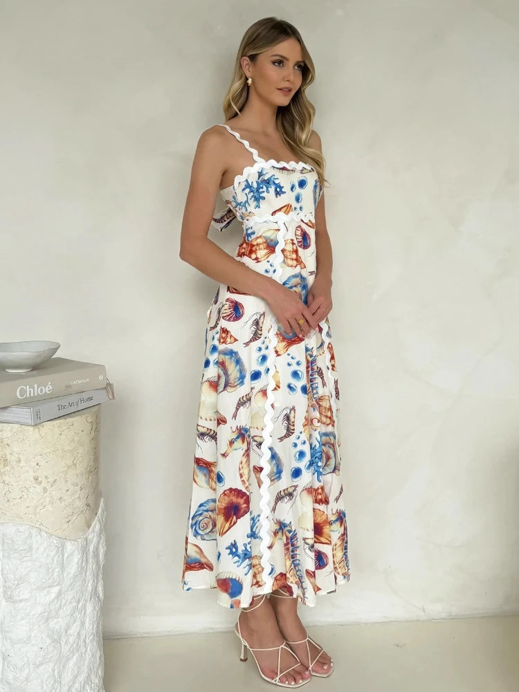 Printed Vacation Casual Maxi Dress European American Style New Dresses Halter Patchwork Dresses Floral Spliced Loose Fit Dress