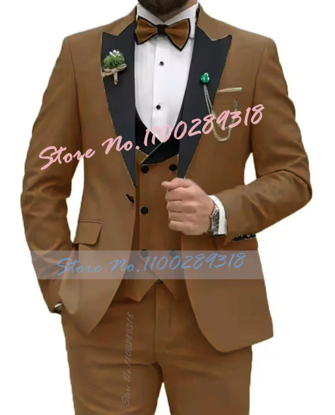 Beige Business Men Suits Costume Homme Slim Fit 3 Piece Double Breasted Suit Men Wedding Prom Party Business(Blazer+Vest+Pants)