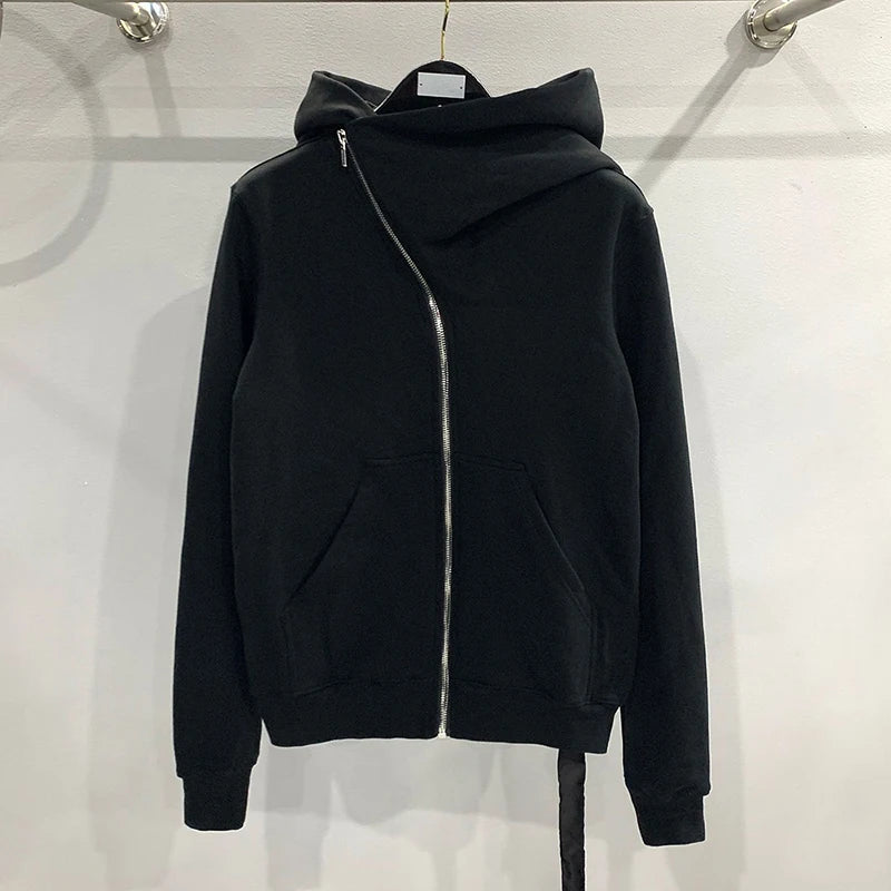 Men's Women Black Hoodie Spring Zipper Design Sweatshirts Jacket American Rock Hip Hop Streetwear Elastic Knitted Coats