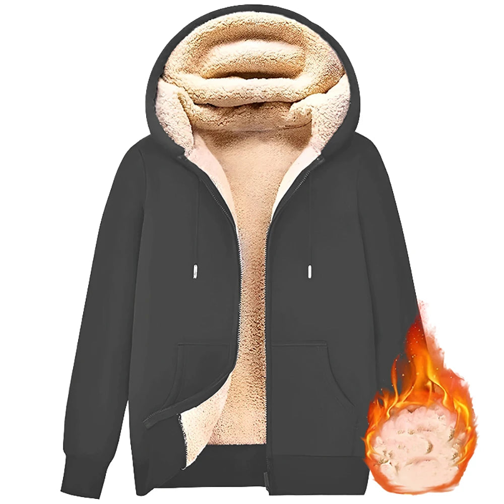Trendy Sweatshirt Coat Front Pockets Warm Zipper Lamb Wool Jacket Men and Woman Winter Pure Color Plush Lined Cardigan Hoodie