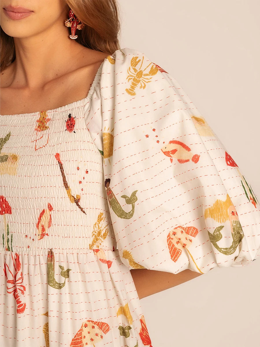 Women s Maxi Dress with Tropical Print Short Sleeve Square Neckline Summer Dress Casual A-line Beach Dress with Oceanic Design