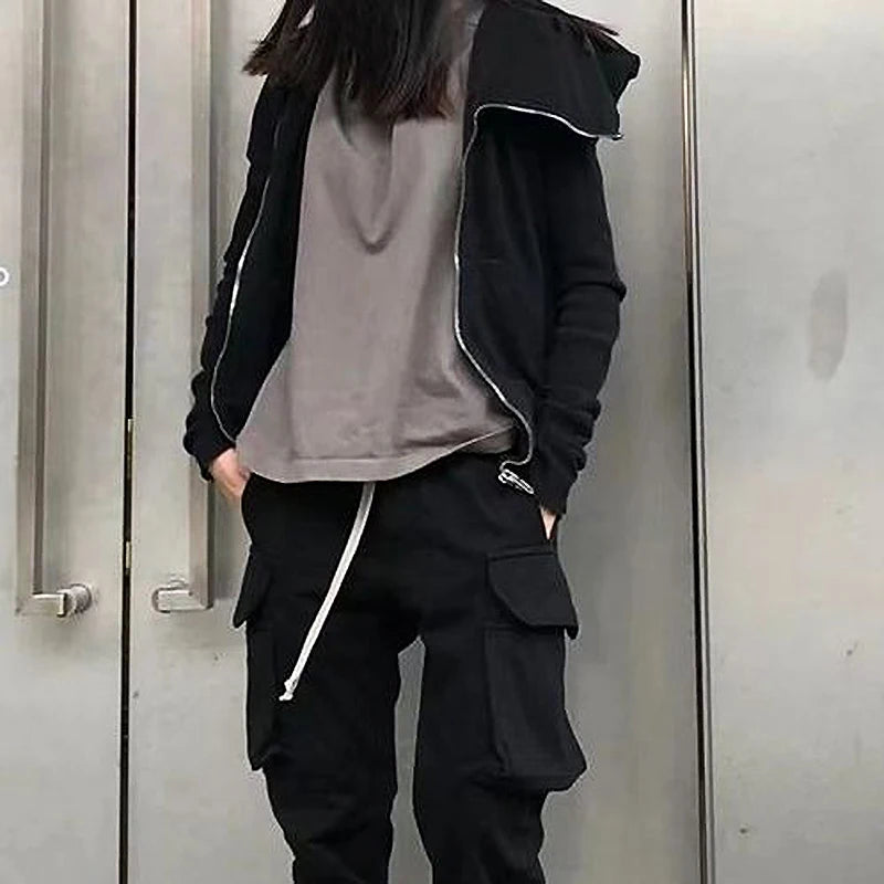 Men's Women Black Hoodie Spring Zipper Design Sweatshirts Jacket American Rock Hip Hop Streetwear Elastic Knitted Coats